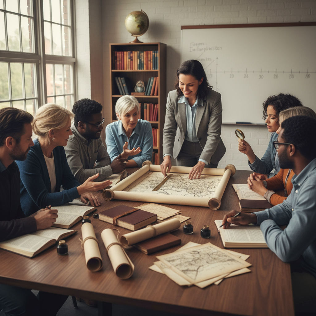 Educatieve groepsactiviteit met historische documenten en kaarten