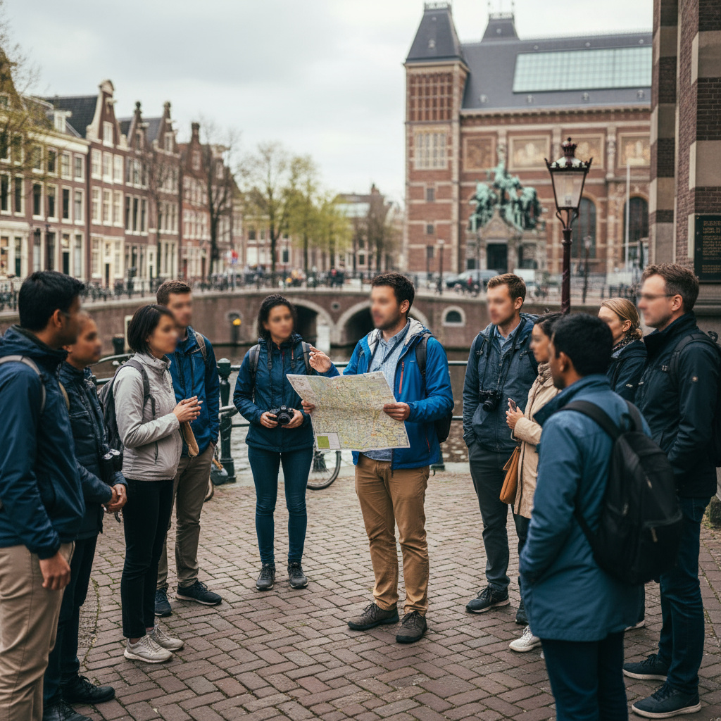 Kleine wandelgroep met gids in een historische straat in Amsterdam