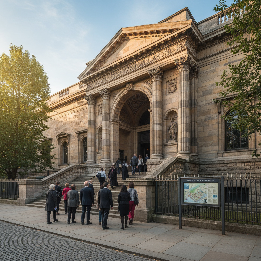 Entree van een historisch museum met bezoekersinformatie