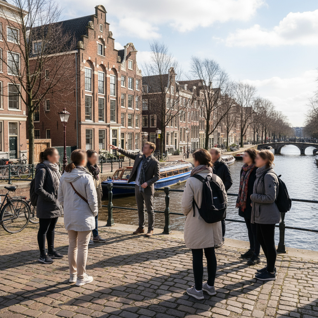 Kleine groep wandelt langs een Amsterdamse gracht met gids