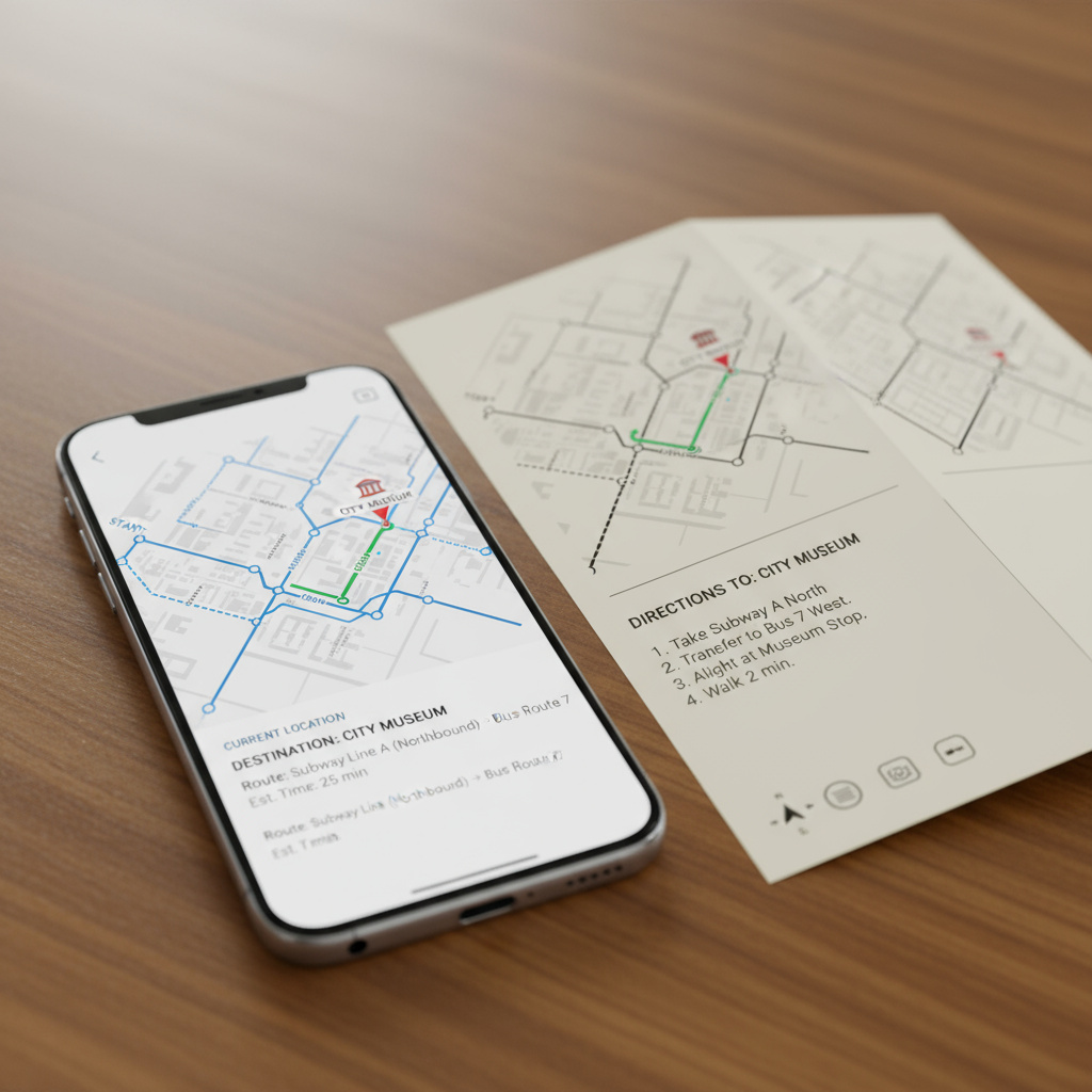 Stadskaart en ov-routes naar een museum op smartphone en leaflet
